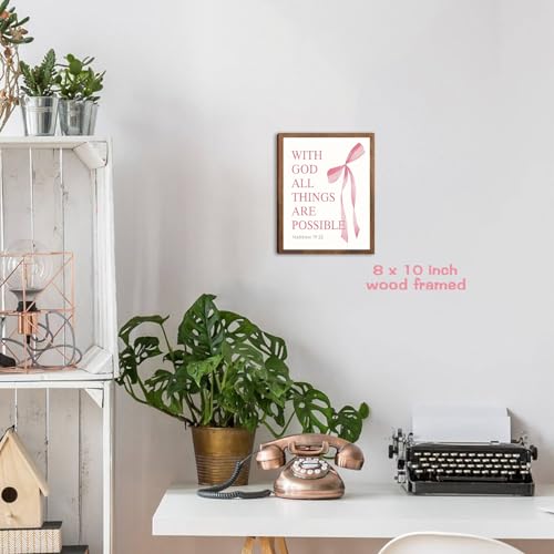 SEHSUVC Pink Bows Bible Verse Christian Canvas Wall Art, Wood Framed Trendy Religious Wall Decor, Cute Coquette Preppy Girls Aesthetic Room Decor Gifts for Bedroom Living Room Home Decor 8x10inch - color: Pink Bow 19:26