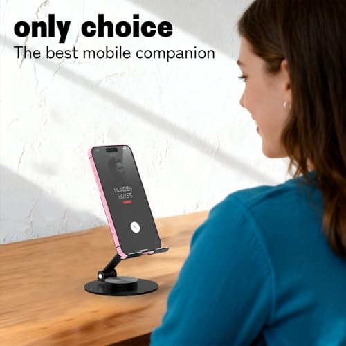 Metal Cell Phone Stand for Desk, Multi-Angel Adjustable 360° Rotation Desktop Phone Holder and Foldable Mobile Phone Stand, Compatible with All Smartphones, Black - color: Black