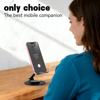 Metal Cell Phone Stand for Desk, Multi-Angel Adjustable 360° Rotation Desktop Phone Holder and Foldable Mobile Phone Stand, Compatible with All Smartphones, Black - color: Black