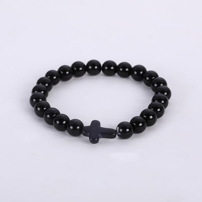 FORUBUS Lava Rock Stone Beaded Bracelet, Cross Charm Natural Volcanic Stone beads Turquoise Stretch Bracelet for Women Men Religion Jewelry Pray Baptism Gift - color: 1pcs black light