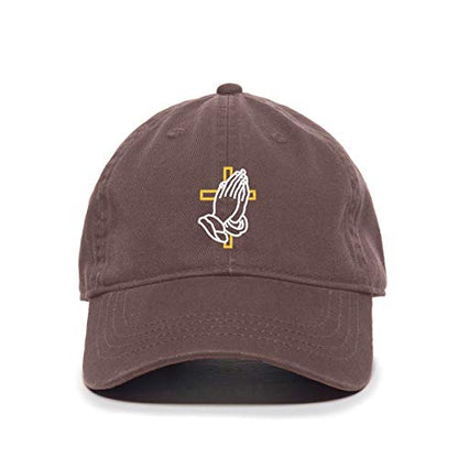 Praying Hands with Cross Baseball Cap Embroidered Cotton Adjustable Dad Hat - color: Brown