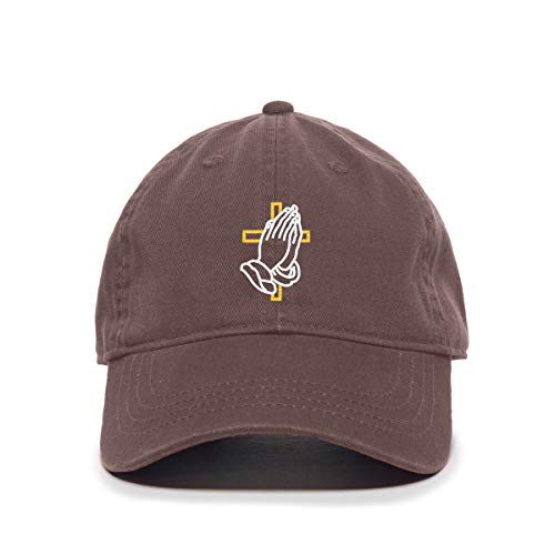 Praying Hands with Cross Baseball Cap Embroidered Cotton Adjustable Dad Hat - color: Brown