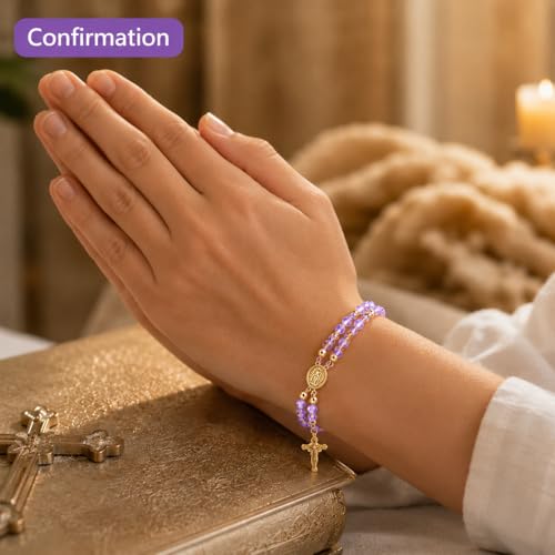 Grace & Faith: Handmade Rosary God Beads Bracelet Virgin Mary Cross Double Layer Chain Crucifix Religious Christian Faith Jewelry - color: Purple Beads