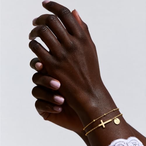Cross Bracelet Set for Women, 18K Gold Plated Stainless Steel, Minimalist Cross & Initial Letter Charm, Adjustable Layered Bracelets with Gift Box and Inspirational Cards - color: Gold-Q