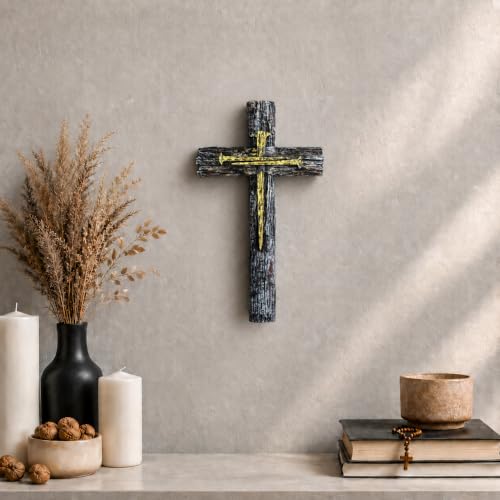 Rustic Layered Wall Cross, Wood-Look Resin Christian Decor with Faux Nails