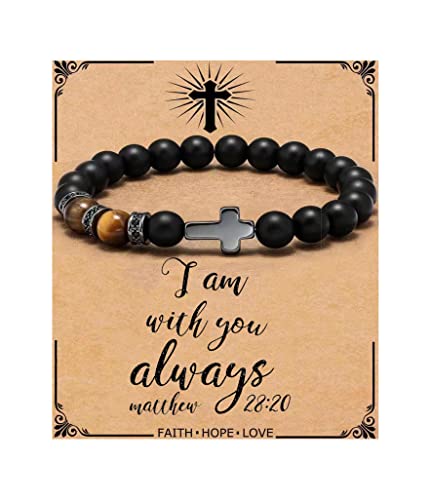 QWNHONEY Cross Bracelet for Men Son Brother Baptism Communion Birthday Anniversary Christmas Christian Black Tiger Eyes Bead - style: I am with you always
