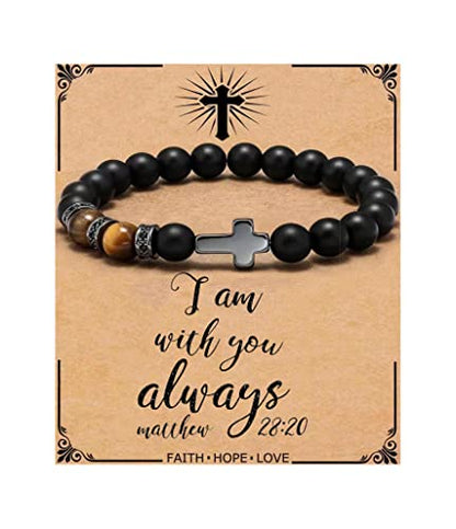 QWNHONEY Cross Bracelet for Men Son Brother Baptism Communion Birthday Anniversary Christmas Christian Black Tiger Eyes Bead - style: I am with you always