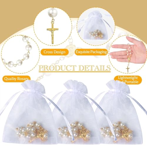 10 Set Baptism Party Favors Mini Rosary Beads Faux Pearls with Organza Bags for Christening Weddings First Communion Party Favors - style: Gold Pearl