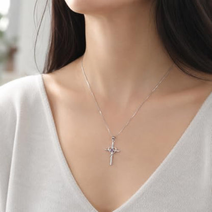 Cross Heart Necklace, 18K Gold Plated Crystal Pendant for Women - color: White-Tanzanite