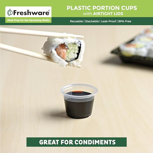 Freshware Plastic Portion Cups with Lids [1 Ounce, 100 Sets] Disposable Plastic Cups for Meal Prep, Salad Dressing, Jellos Shot Cups, Souffle Cups, Condiment and Dipping Sauce Cups - size: 1 oz - 100 sets