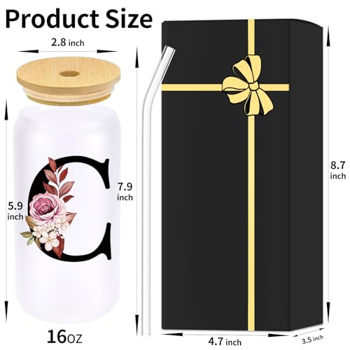 Monogrammed Glass Drinking Cup With Lid Straw Girlfriend Gf Gifts Future Mrs for Her Women Boyfriend 1 One Year Anniversary Meaningful Cute Romantic Christmas Xmas First Valentines I Love You More,C - style: Letter C