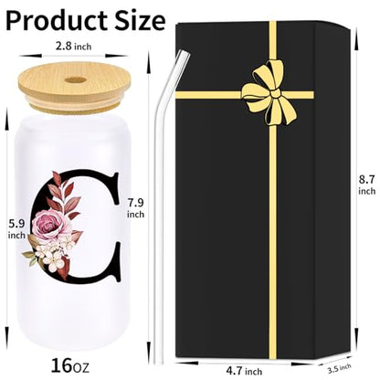 Monogrammed Glass Drinking Cup With Lid Straw Girlfriend Gf Gifts Future Mrs for Her Women Boyfriend 1 One Year Anniversary Meaningful Cute Romantic Christmas Xmas First Valentines I Love You More,C - style: Letter C