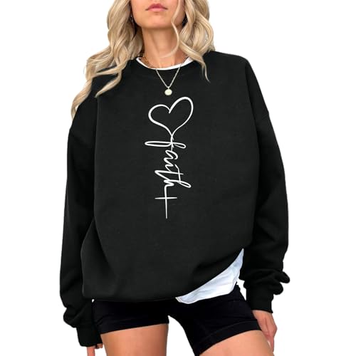 KIEKIECOO Faith Christian Sweatshirts for Women Religious Crewneck Sweatshirt Letter Print Fall Pullover Long Sleeve Tops - color: Black, size: Medium