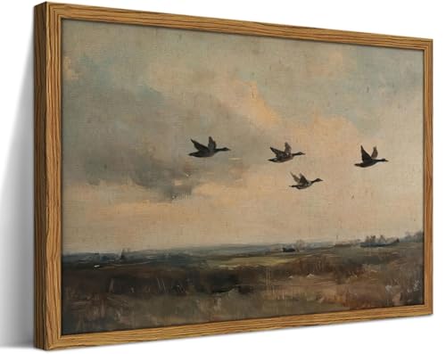 Framed Vintage Flying Duck Wall Art Rustic Mallard Duck Picture Wall Decor Nature Wilderness Landscape Painting Canvas Prints Countryside Farmhouse Home Decor for Bedroom Living Room-16×24in - color: Flying Duck, size: 24"L x 16"W