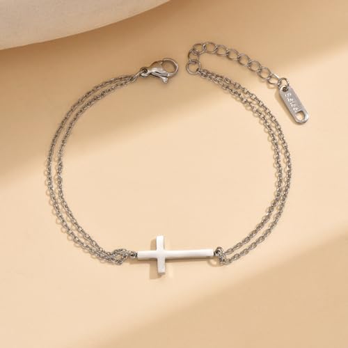 18K Gold Plated Pearl Beaded Cross Bracelets for Women Adjustable - color: Double O Cross-White Gold