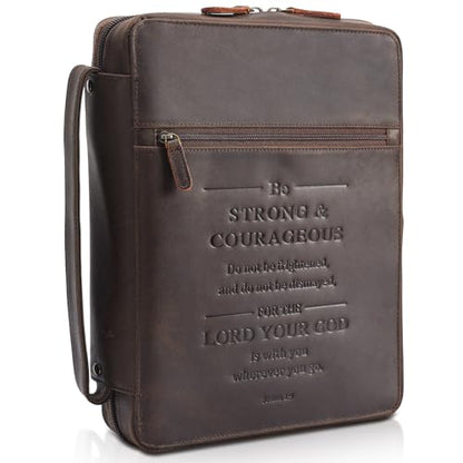 Polare Full Grain Leather Bible Cover Church Bag Bible Protective Book Holder Carrying Case Folder Organizer Portfolio - style: Dark Brown(Strong & Courageous)
