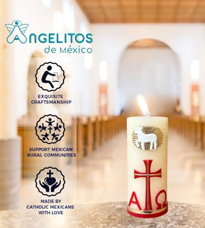 Angelitos de Mexico Religious Prayer Alpha Omega Red Candle, 4.7 x 2 inches, Catholic Ceremonial Candle with Cross Design