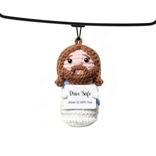 Crochet Jesus Car Mirror Hanging, Drive Safe Jesus is with You - color: Drive Safe Jesus is With You