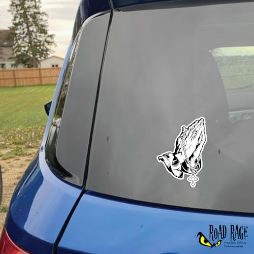 Praying Hands and Rosary Car Decal Show Off Your Faith - Premium Gloss Permanent Vinyl Sticker - Black & White - Waterproof and Weatherproof