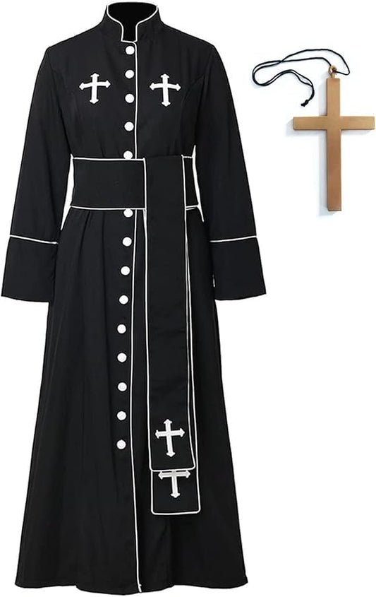 Mens Priest Costume Pastor Robe Roman Cassock Praise Worship Robes White/Black Clergy Robe Stole with Cross - color: Black-with Cross, size: XX-Large