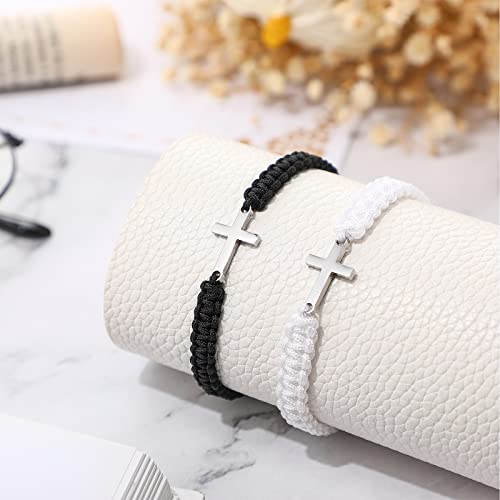 Sureio 2 Pcs Christian Cross Matching Bracelets for Women Men - color: White/ Black