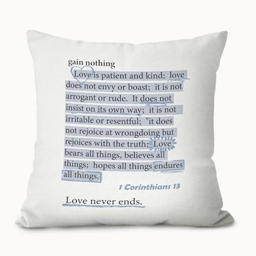 Christian Inspirational Pillow Covers 18x18, Christian Gifts for Women, Blue Preppy Love Never Ends Bible Verse Decorative Throw Pillow Covers Pillowcases for Home Girls Bedroom Room Decor - color: Blue Bible(white02)