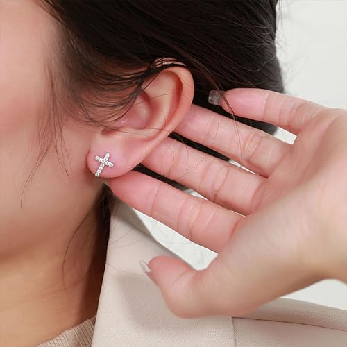 Tiny Cross Stud Earrings, 14K Gold Plated CZ Silver Earrings, Hypoallergenic Minimalist Small Stud Earrings for Women Men