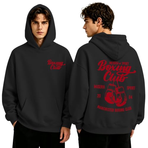 Boxing Hoodies for Men Boxing Club Streetwear Hoodie Athletic Gym Workout Sweatshirt Vintage Graphic Pullover - color: Black, size: Large