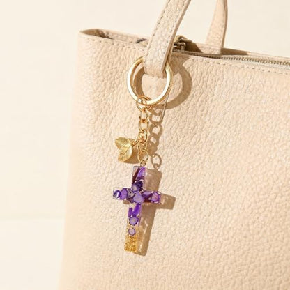 Angyape Cute Christian Cross Keychain for Women Purse Bag Charms Car Key Rings Accessories Flower Design Jesus Faith Gifts - color: J：purple