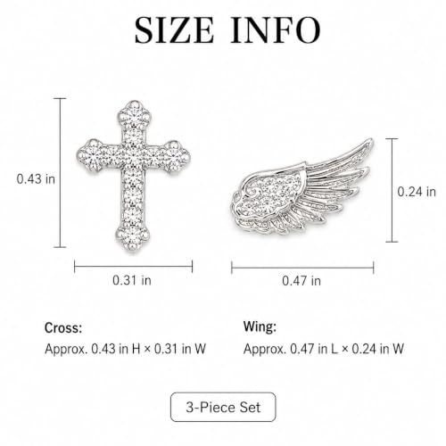Angel Wing Stud Earrings for Women Crystal Cross Screw Back Wings Earrings Piercing Jewelry - color: 3pcs Silver