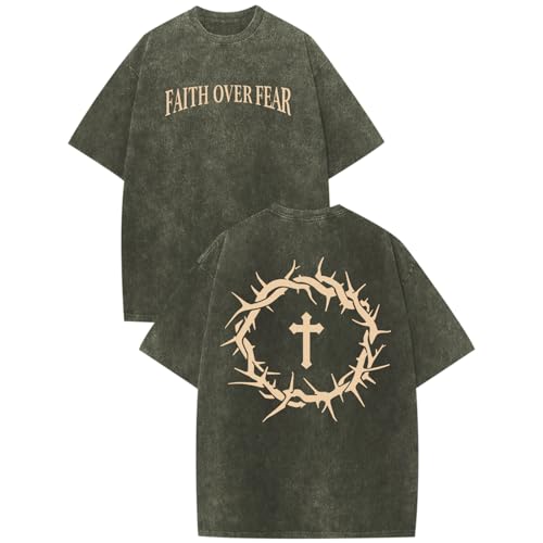 Mens Faith Over Fear Christian Shirts Jesus God Religious Bible Verse Cross Tshirt Oversized Acid Wash Graphic Tees - color: Army Green, size: X-Large