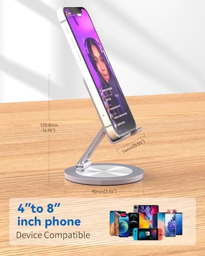 Phone Stand for Desk, 360° Rotating Dual Adjustable Foldable Cell Phone Holder, Heavy Solid All-Aluminum Base Anti-Slip Stable Support for Home Office Study, Fits iPhone Galaxy 4-8" Phones - color: Grey
