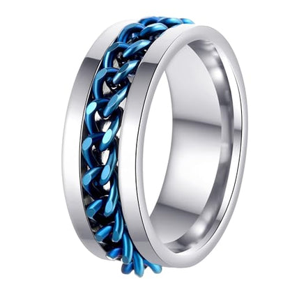 Mens Fidget Rings Anxiety Ring for Men 6mm 8mm Chain Spinner Ring Size 5-14 - color: Silver Blue