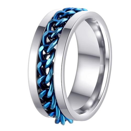 Mens Fidget Rings Anxiety Ring for Men 6mm 8mm Chain Spinner Ring Size 5-14 - color: Silver Blue
