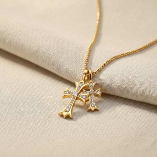 SHINYY Double Cross Necklace for Women and Men | Goth Punk Double Pendant Necklace | Gothic Grunge Religious Jewelry for Him Her - color: Gold 1