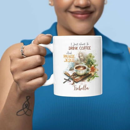 Custom Christian Faith Mug, Coffee And Praise Jesus Cup With Customized Name, Bible And Floral Design Coffee Mug 11oz 15oz, Personalized Spiritual Ceramic Cup, Gift For Friend Coworker - color: XUA-324-1556-COFFEE AND PRAISE JESUS MUG