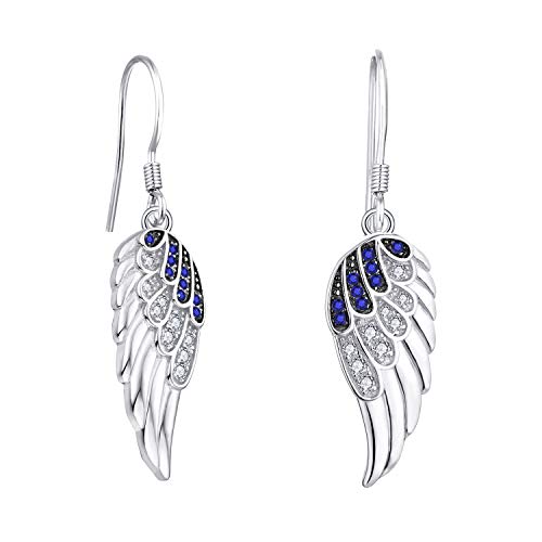 Starchenie Angel Wings Dangle Earrings for Women 925 Sterling Silver Cubic Zirconia Threader Earrings - color: Blue