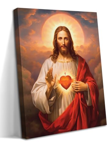 Jesus Sacred Heart Christian Wall Art, Divine Mercy Canvas Paintings Prints Posters Wall Decor, Christ Jesus Portrait Home Decor for Living Room Dining Room Prayer Room Decor 24x36 in Framed - color: Sacred Heart of Jesus, size: 36"L x 24"W