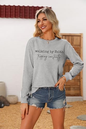 Christian Sweatshirts for Women Faith Tops Long Sleeve Shirts - color: Grey, size: X-Large