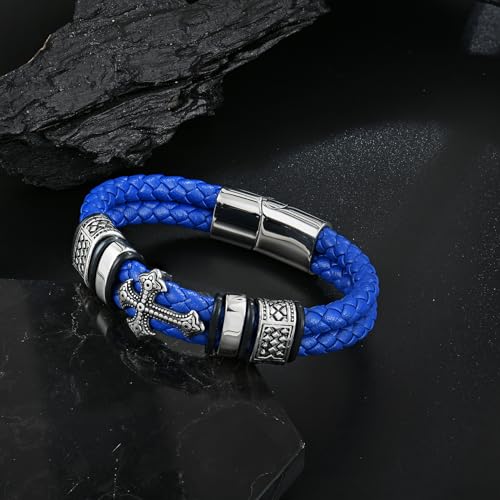 Mens Christian Cross Double Row Leather Bracelet, Religious Braided Cuff Bracelet for Men - color: Blue, size: 8.1 inches