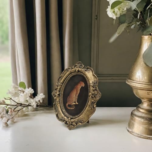 Vintage Cheetah Small Bronze Oval Picture Frame, Dark Leopard Mini Ornate Photo Frame Baroque for Wall Art Decor TableTop Desk,Preppy Retro Framed Artwork Gifts for Office Bedroom Girls 4x5in - color: cheetah