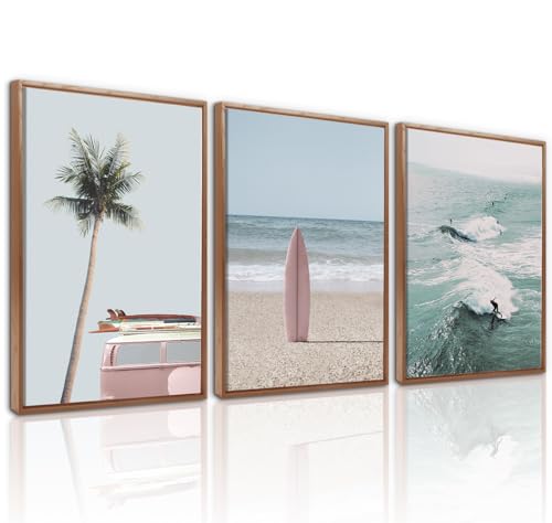 CHDITB Beach Framed Canvas Wall Art Set Of 3, Coastal Wall Decor, Ocean Wave Wall Painting, Palm Tree Seaside Artwork Surfboard Art Prints For Living Room Or Bedroom (12X16 Inch) - color: Ocean wall art