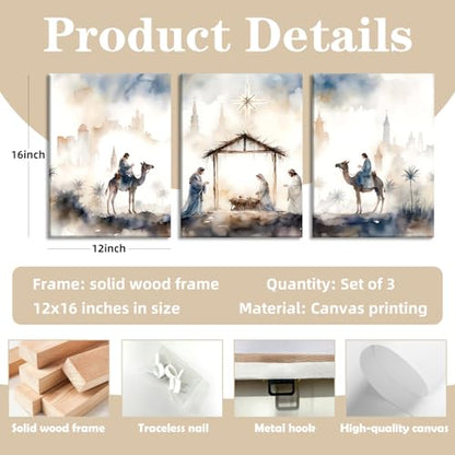 HCJWCXD Religious Wall Art Set of 3 Nativity Scene Canvas Prints 12x16Inch - color: Blue-gray, size: 12x16 Inches