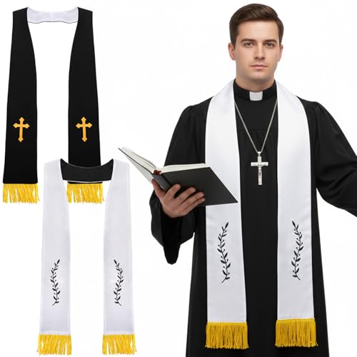 Eorbow 1 Pack Wedding Reversible Stole with Tassels, 75 Inch Clergy Mass Stoles with Cross, White Embroidered Priest Sash Stole, Pastor Shawl for Wedding Officiant Clergy Robe Cassock