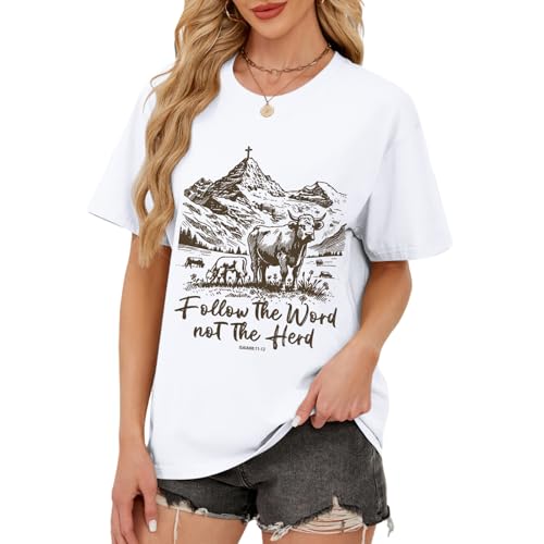Western Christian Cowboy Rodeo Shirts for Women Cowgirl Jesus Bible Verse God Shirt Religious Faith Vintage Tshirts - color: White, size: Large