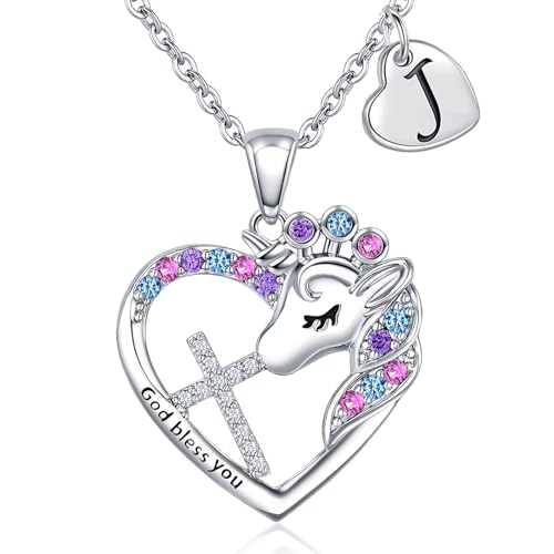 Easter Basket Stuffers - Easter Gifts for Girls Kids,Cross Unicorn Necklaces with Initial for Teen Girls Kids Daughter Granddaughter Birthday Christian Religious Gifts 16+3 Inches - style: J