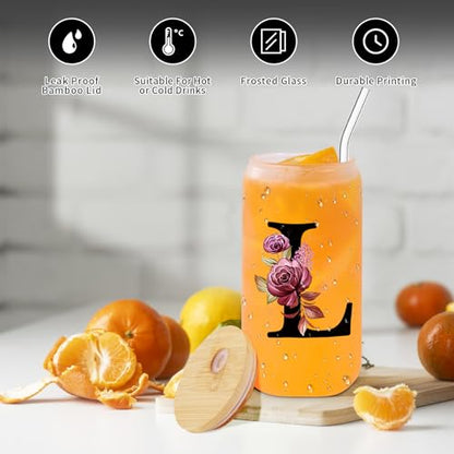 Monogrammed Glass Drinking Cup With Lid Straw Women Lady Boss Coworker Colleague Manager Team Gifts Member Employee Boss Executive Assistant Inter Birthday Farewell Leaving Retirement Christmas,L - style: Letter L