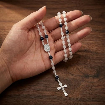 Nazareth Store 8mm White Jade & 10mm Natural Stone Beads Rosary Necklace St. Miraculous Medal & Cross Crucifix Catholic Prayer Beads Religious Jewelry - color: Lapis lazuli