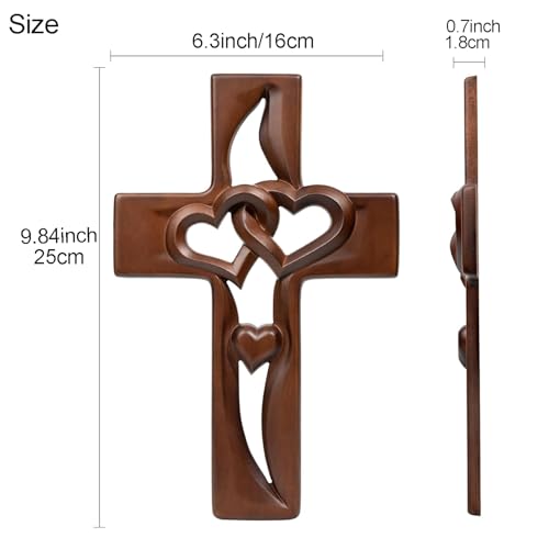 Hand-Carved Intertwined Hearts 9.84 inches Wooden Wall Cross for Wall Sacred, Mothers Day Gifts for Mom ,Handmade Hanging Cross Heart-Shaped Decoration Marriage Wedding Valentine Wood Decorative Gift