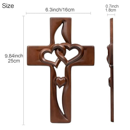 Hand-Carved Intertwined Hearts 9.84 inches Wooden Wall Cross for Wall Sacred, Mothers Day Gifts for Mom ,Handmade Hanging Cross Heart-Shaped Decoration Marriage Wedding Valentine Wood Decorative Gift